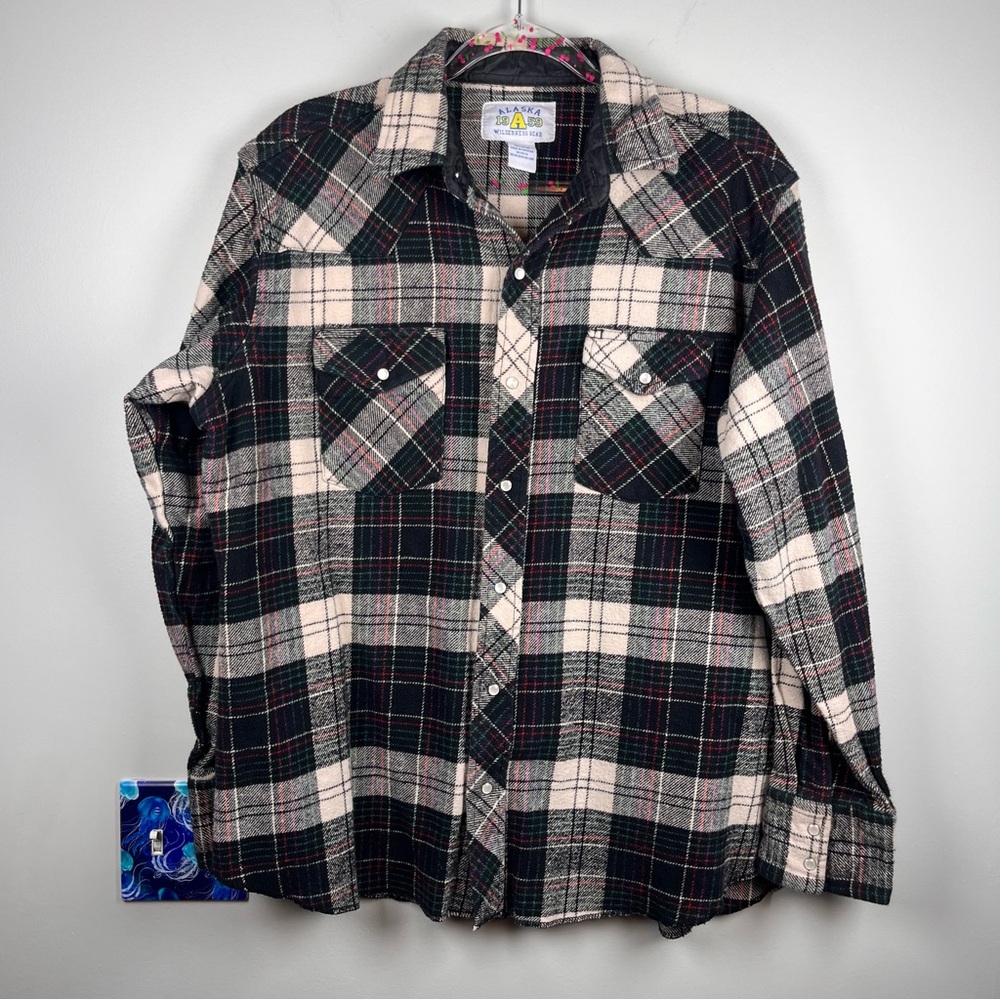 Vtg Alaska 1959 Wilderness Gear Flannel Shirt Snap Large Black Plaid Heavyweight